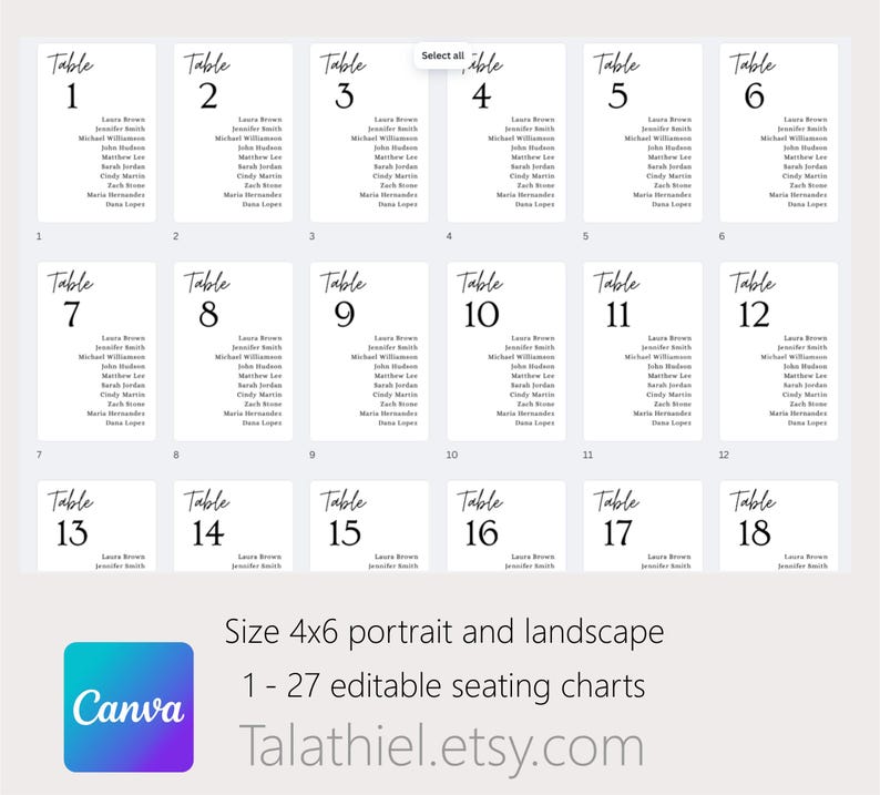 4x6 Minimalist Wedding Seating Chart Template, Portrait & Landscape ...