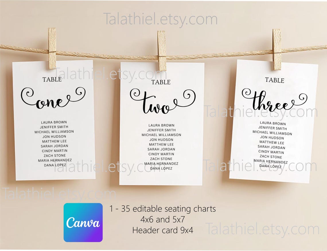 Seating Chart Wedding Template: 5x7 & 4x6 Cards , CANVA Edit, Digital ...