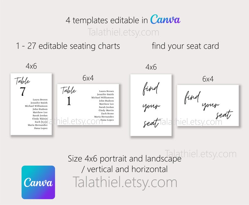 4x6 Minimalist Wedding Seating Chart Template, Portrait & Landscape ...