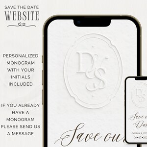 May include: A smartphone displays a white wedding invitation design with a monogram and the text "Save our Date." The design includes a feather illustration and the text "Personalized Monogram with your Initials Included."