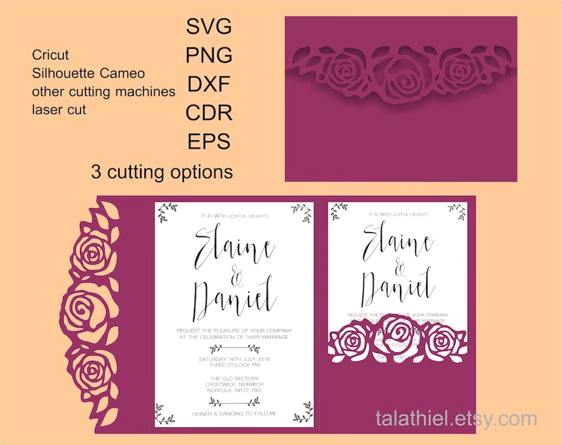 5x7 Trifold Wedding Invitation Roses Tri fold Template SVG Envelope Wedding Invitation Pocket DXF cutting file Cricut Digital download