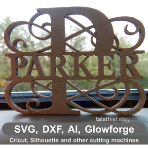 Può includere: Un ritaglio in legno del nome "PARKER" con un design decorativo e intricato attorno alle lettere. Il ritaglio è fatto per essere utilizzato con Cricut, Silhouette e altre macchine da taglio. I formati di file inclusi sono SVG, DXF, AI e Glowforge.