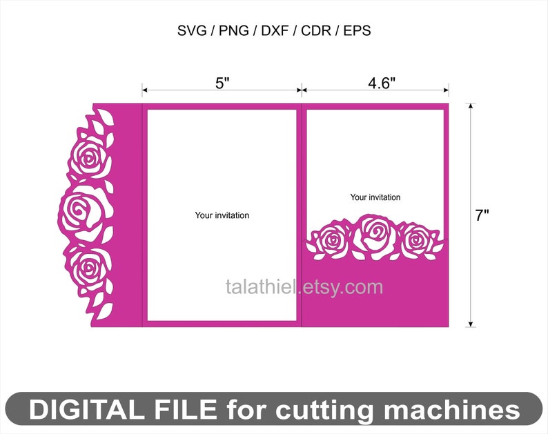 5x7 Trifold Wedding Invitation Roses Tri fold Template SVG Envelope Wedding Invitation Pocket DXF cutting file Cricut Digital download
