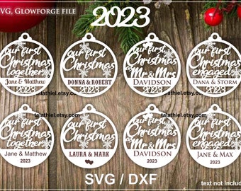 Notre première décoration de Noël 2023 SVG DXF PDF, notre première décoration de Noël ensemble svg, notre premier Noël en fichier svg M. et Mme Glowforge