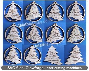 Christmas Tree Ornaments SVG Glowforge file, Chrismas tree decorations with words