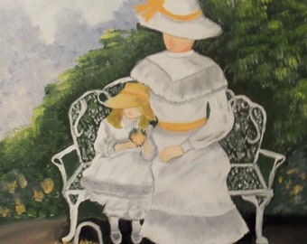 Beautiful Original Painting Mother & Child Dressed in White in a Garden