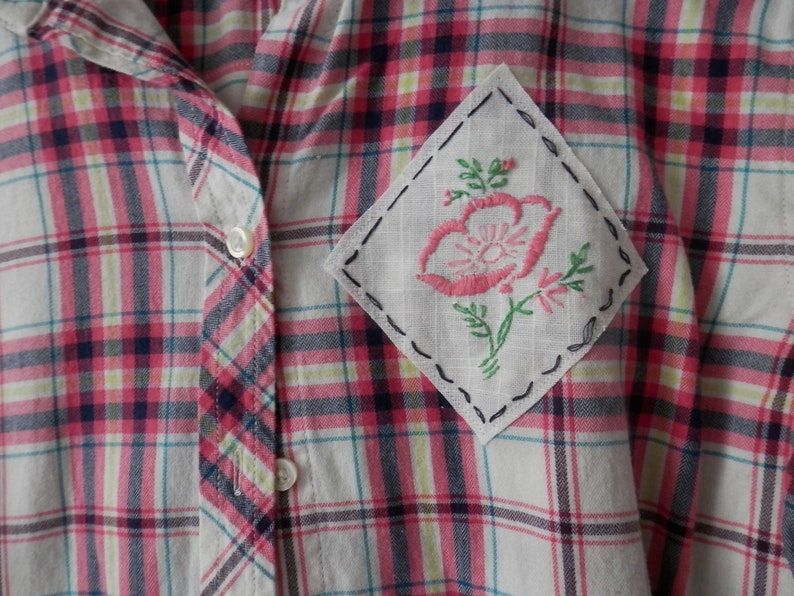 DusterJacket Boho-Chic Shabby Gipsy Banana Republic Brand Upcycled PinkNavy Plaid Shirt Size M