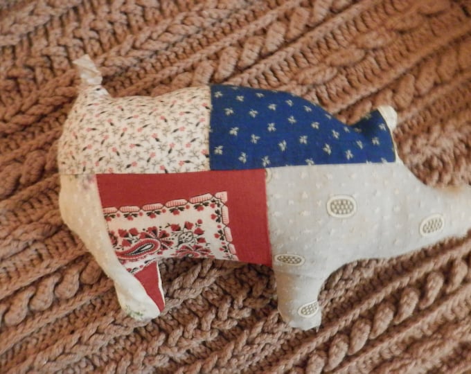 Featured listing image: Pig Farmhouse Tiny Pillow - Basket Filler - Antique quilt shaped pig stuffed pillow shelf sitter - Decor Boho Shabby Farm