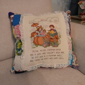 Vintage Peter Peter Pumpkin Eater Cross Stitch Decor Pillow 18x18 - Upcycled antique quilt w/nursery rhyme applique -handmade