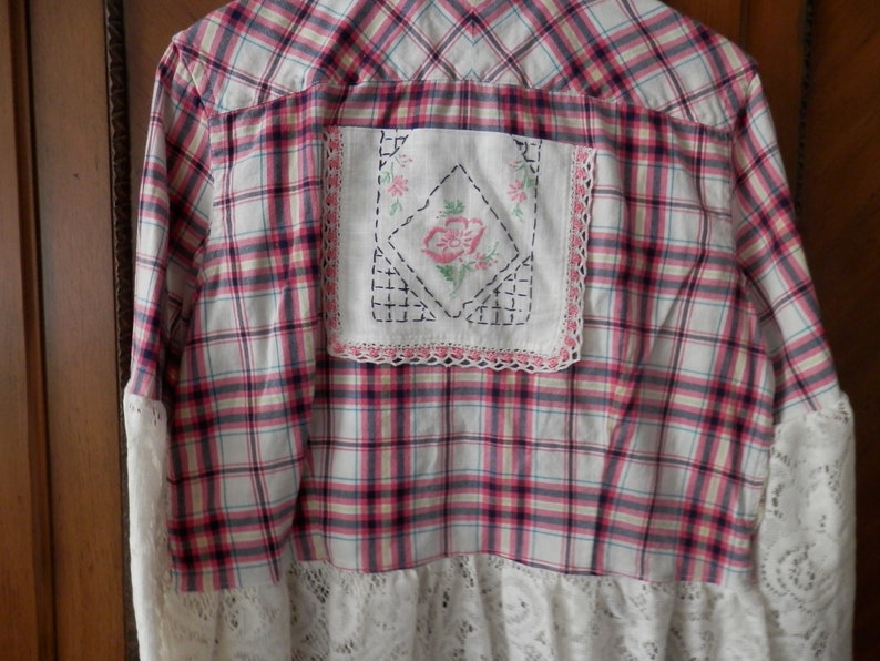 DusterJacket Boho-Chic Shabby Gipsy Banana Republic Brand Upcycled PinkNavy Plaid Shirt Size M