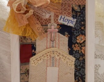 Framed Vintage Quilt Church Art - 6x8 inch - Vintage Lace Bow