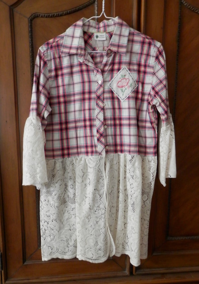 DusterJacket Boho-Chic Shabby Gipsy Banana Republic Brand Upcycled PinkNavy Plaid Shirt Size M