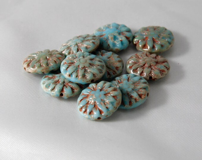 Turquoise Picasso Czech Glass 14mm Dahlia Flower Beads 6 pcs