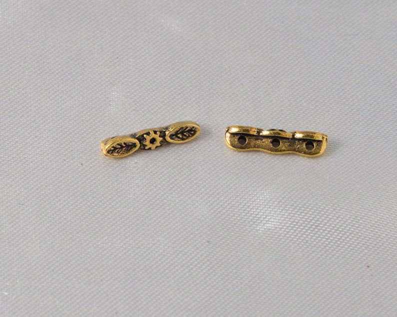 Ornate Flower Leaf Tiny Triple Three 3 Strand Slider Spacer Bar Antique Gold 10 pcs
