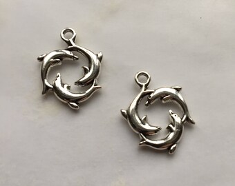 Antique Silver Dolphin Circle Charms Three Dolphins - 10 pcs