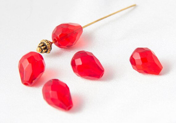 Czech Glass Faceted Fire Polished Crystals Teardrop Beads Siam Red 10m x  13mm 20 pcs