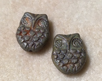 Czech Glass Horned Owl Beads - 18mm Green Picasso - 6 pcs