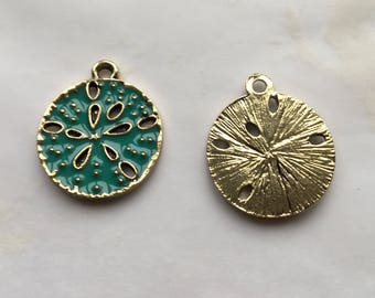 Sand Dollar Charms Gold Plated Green Turquoise Enamel - 6 pcs