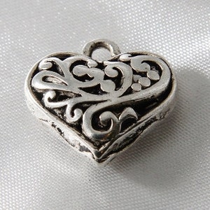 Antique Silver Puffy 3D Filigree Heart Charms 20mm - 10 pcs