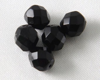 Czech Glass Faceted Round Fire Polished Crystals Opaque Jet Black 8mm -  50 pcs