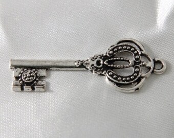 Large 44mm Antique Silver Crown Key Charms - 8 pcs