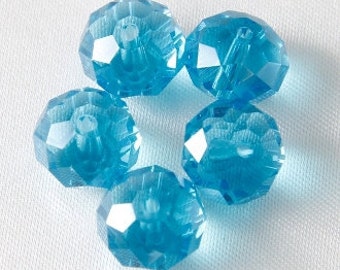 Faceted Cut Glass Puffy Donut Rondelle Beads  Aquamarine Blue - Aqua 12mm x 8mm - 25 pcs