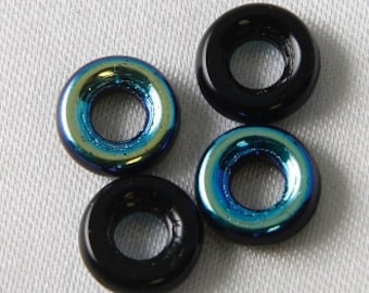 Glass Donut Ring Beads Jet Black AB 9mm - 50 pcs