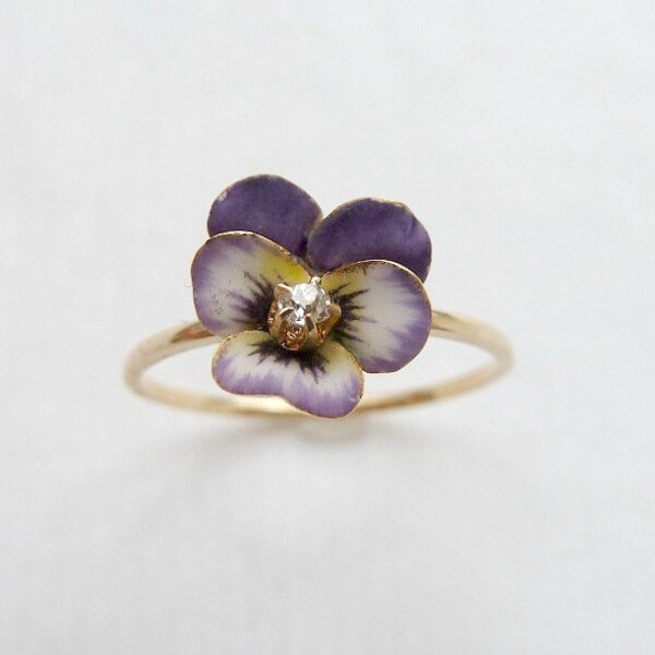 On layaway for A// Exquisite Victorian Enamel and Diamond Pansy Ring 14K