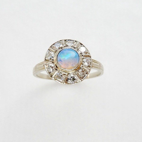 Stunning Art Deco Opal and Diamond Halo Ring 14K