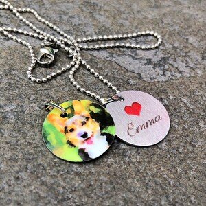 Metal 3/4&quot; charm featuring your pet photo turned into watercolor art w/ your pet&#39;s name on the back - optional ball chain necklace available