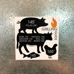 May include: A white magnet with black silhouettes of a pig, cow, chicken, and fish. Each animal has a temperature reading in degrees Fahrenheit for grilling. The text "Grilling Guide" is printed on the magnet.