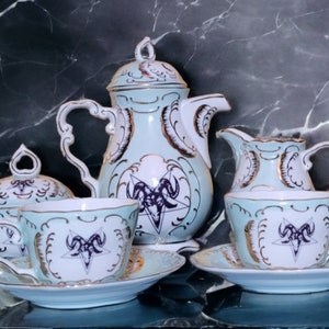 fancy Baphomet tea set, rams head pentagram tea pot set, creepy tea pot set, tea party, cosplay, tea cup, high tea, punk tea pot set,