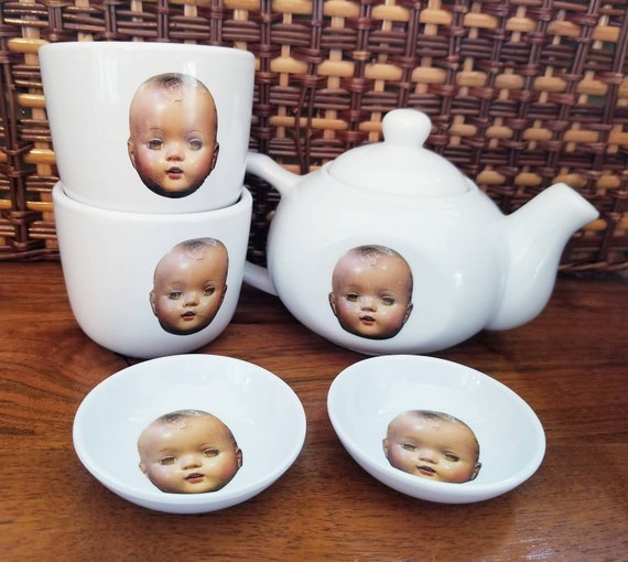 Tête de poupée ensemble de thé tasses à thé, ensemble de thé effrayant  tasses à thé