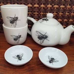 Housefly tea set, gothic tea cup, insect tea set, gothic tea set, tea pot, tea cups, creepy tea set, punk tea set, creepy crawly tea set,
