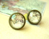 Vintage World Map Stud Earrings - Free Shipping - Made to order :)