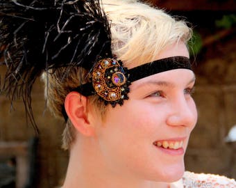 Beaded Flapper Headband, Black Feather, 1920s Gatsby Headpiece