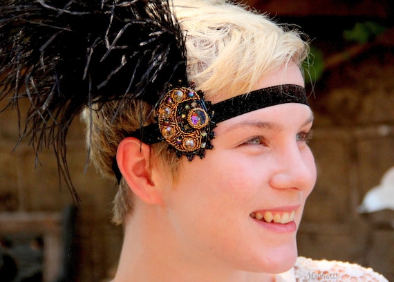 Beaded Flapper Headband, Black Feather, 1920s Gatsby 