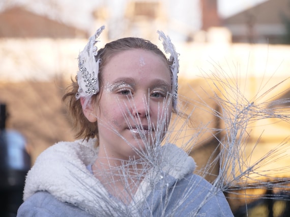 White Feather Ballet Headpiece: Silver Glitter Dance Costume