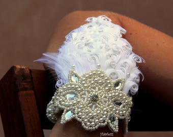 White Feather Corsage: Art Deco Pearl Rhinestone Wrist Corsage