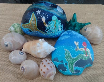 Mermaid decor, coastal decor,  Mermaid painted rock set, beach decor, garden decor, beach themed garden, beach theme, mermaid art