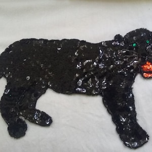 May include: Black sequined panther applique with green eyes and an orange mouth.