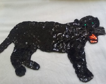 Large black panther sequin applique, panther applique, sequin black panther patch, black panther jacket, panther shirt, vintage applique
