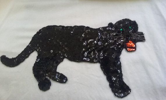 Large black panther sequin applique, panther applique, sequin black panther patch, black panther jacket, panther shirt, vintage applique