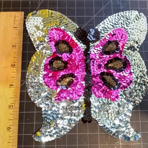 Large Sequin Butterfly Applique: Ice Blue, Fuschia, & Copper Patch