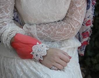 Coral wrist corsage, Orange corsage, feather corsage, prom corsage, corsages for prom, coral corsage, wedding corsage