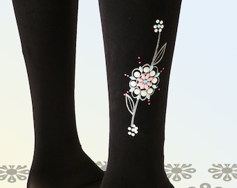 flower tights studded & printed embellished rhinestone flowers