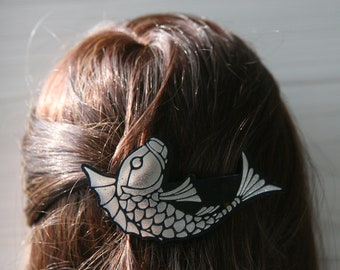 Hair Clip, Koi Fish Hair Barrette in Metallic Silver or Gold