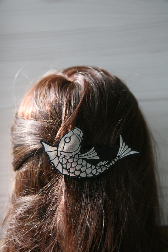 Hair Clip, Koi Fish Hair Barrette in Metallic Silver or Gold