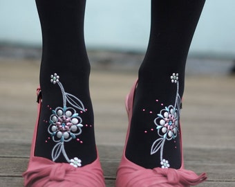 Embellished tights studded and printed daisy flower foot tattoo tights