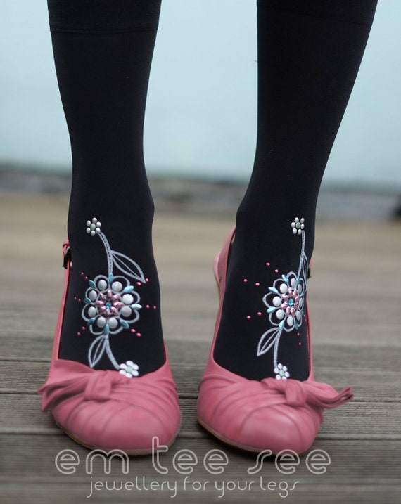 Embellished tights studded and printed daisy flower foot tattoo tights